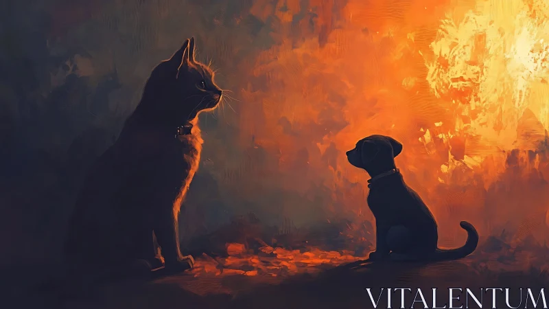 Silhouetted Cat and Dog Facing Fire Illumination