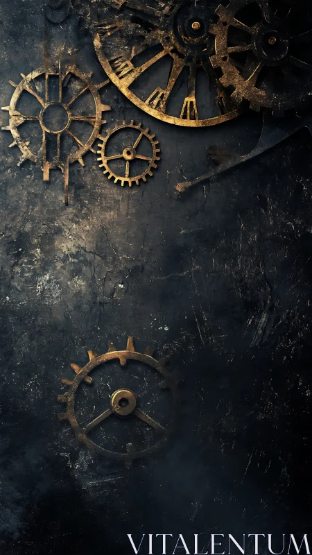 Golden clockwork gears drifting through smoky shadows.