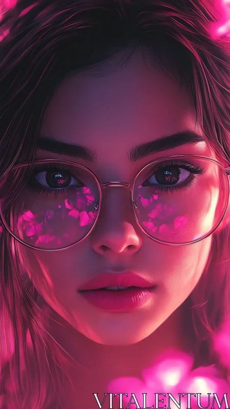 Neon-bloomed gaze behind rose-tinted dream lenses.