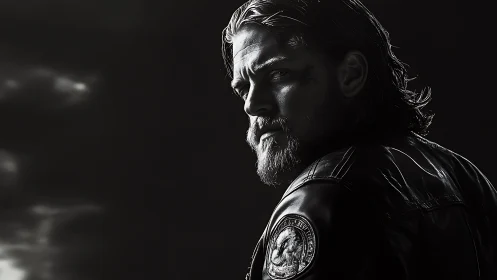 Brooding biker in dramatic monochrome portrait lighting.