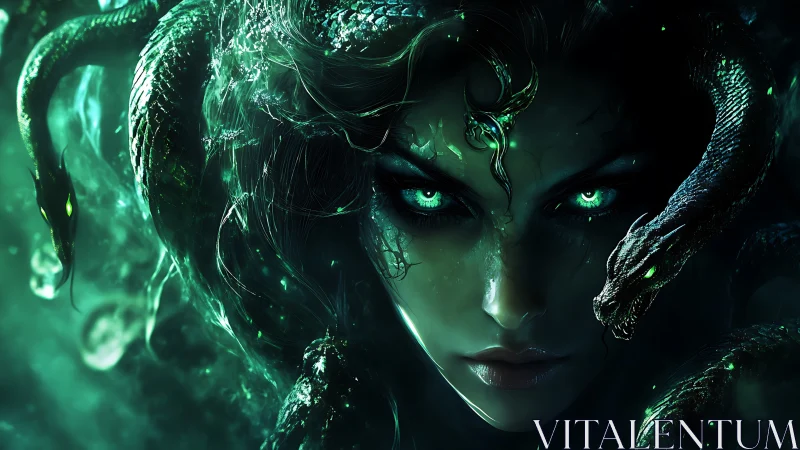 Serpent-crowned gaze carves emerald thunder through shadowed seas