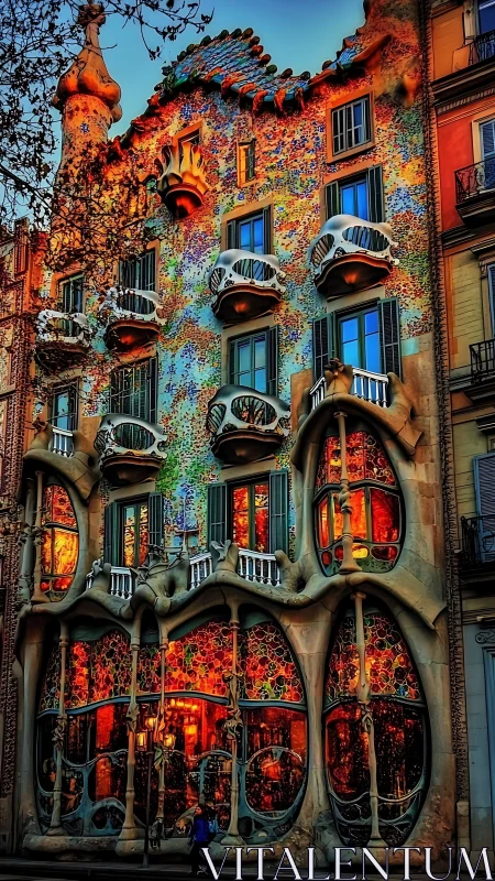 Sunlit mosaic façade glows with whimsical organic balconies