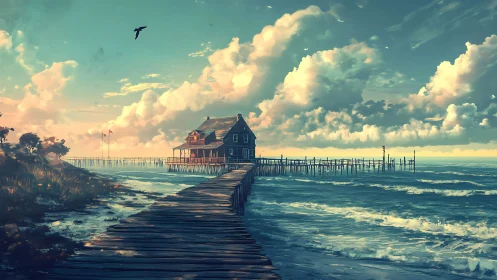 Wooden pier structure extends toward a coastal house
