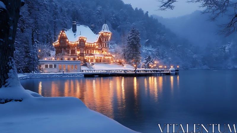 Lakeside winter manor gleams like a storybook lantern dream.