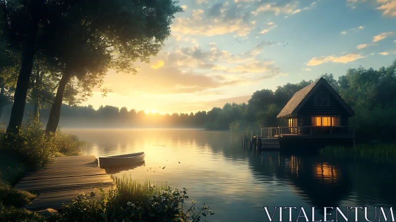 Lakeside log cabin at sunrise with dock and small boat.