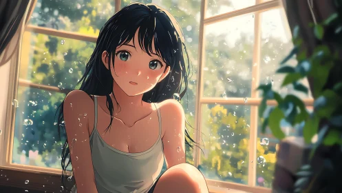 Girl sitting by sunny window with raindrops and soft light.
