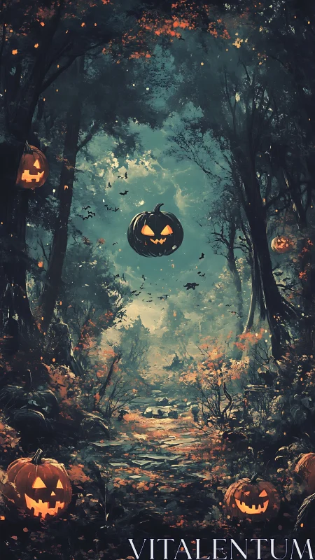 Halloween jack-o-lanterns in dense forest pathway at dusk.