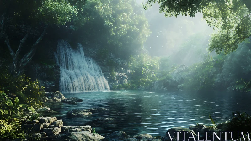 Volumetric-lit forest waterfall and still pool environment.