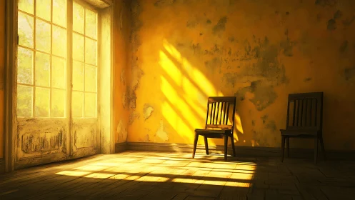 Sunlit worn room with three wooden chairs and yellow walls.