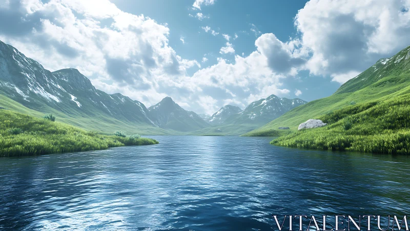 Sky-swept alpine lake cradled by emerald whispering hills.