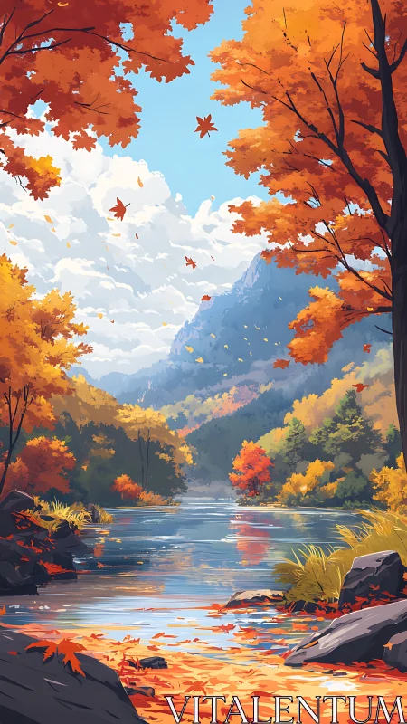 Golden autumn river valley under soft, storybook skies.