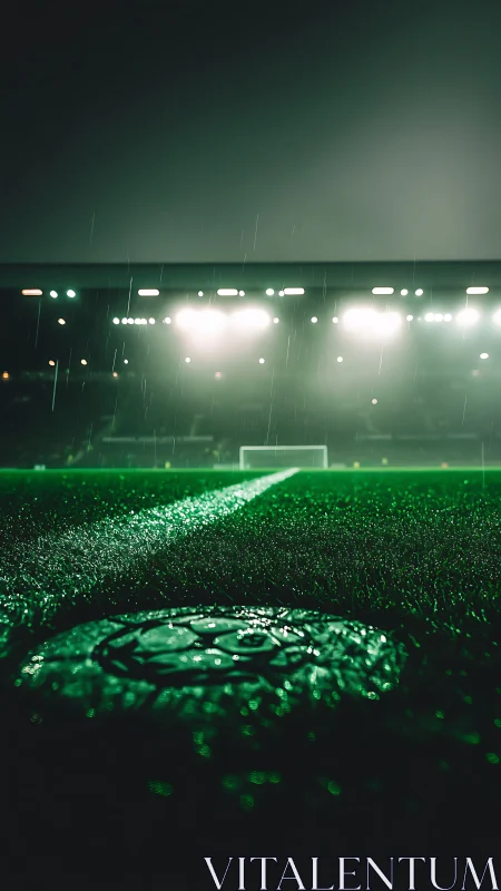 Rainy night football pitch glowing under stadium lights.