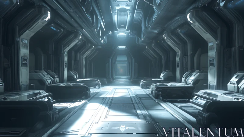 Silent sci fi starship corridor glows with cold blue light