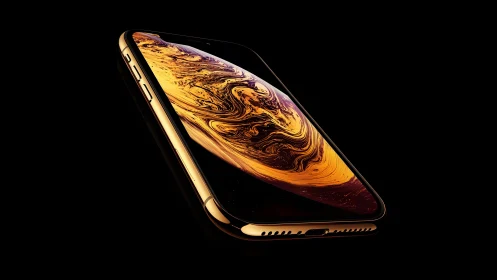 Sleek gold smartphone with abstract wallpaper in dramatic lighting.