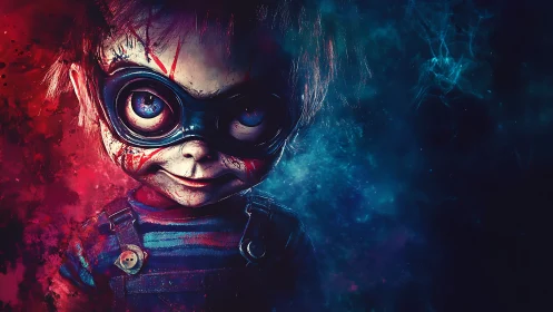 Masked doll figure in split red blue atmospheric lighting.