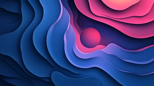Layered blue and pink abstract waves with central sphere.