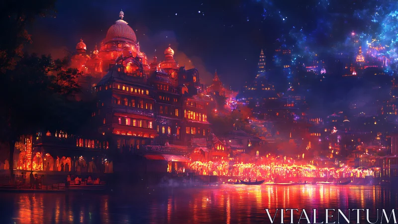 Star-drenched river city in festival bloom of molten lanterns.