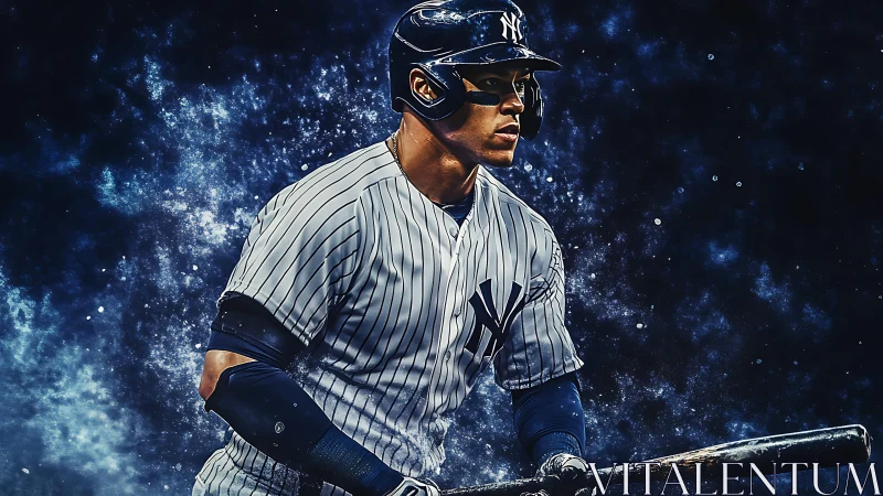 Dynamic digital portrait of focused baseball batter in navy uniform.