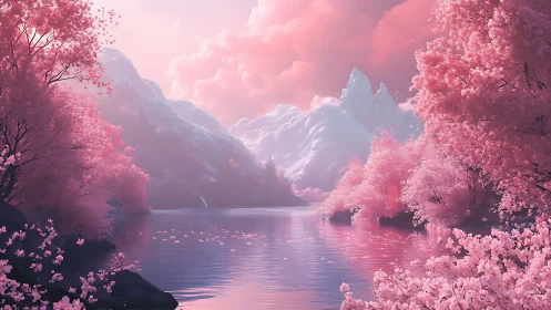 Pink-toned digital landscape depicts lake, trees and peaks