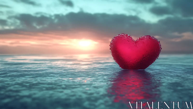 Red Heart Floating in Ocean at Sunset