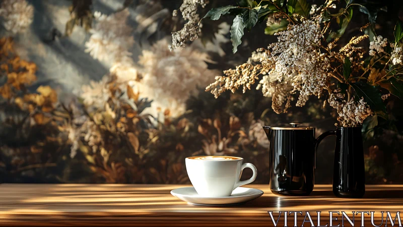 Coffee cup and black pot are arranged on wooden table