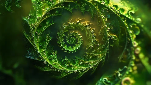 Emerald fractal spiral with crystalline dewlit foliage forms.