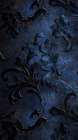 Dark embossed floral pattern on textured blue surface.