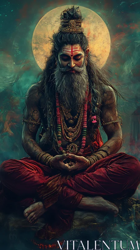 Mystic ascetic meditating before luminous full moon halo.