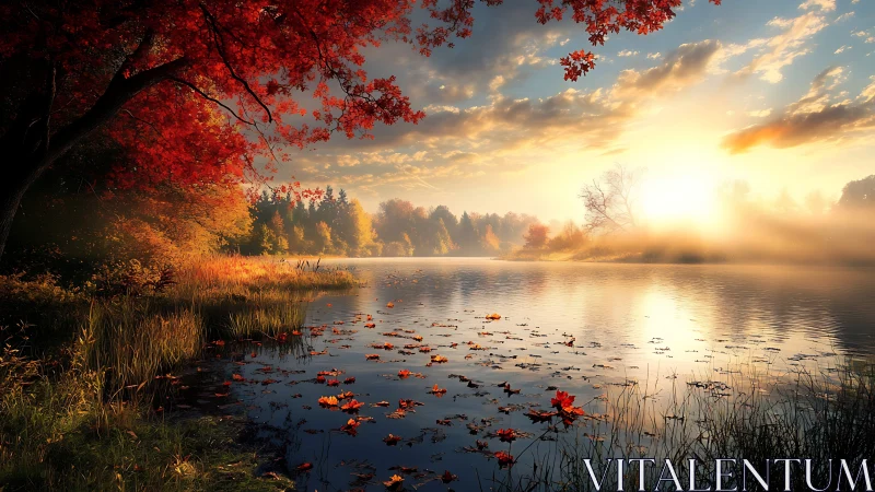 Sunrise over calm autumn lake with red and gold trees.