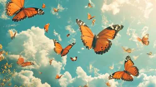 Orange butterflies occupy bright blue sky with dense clouds