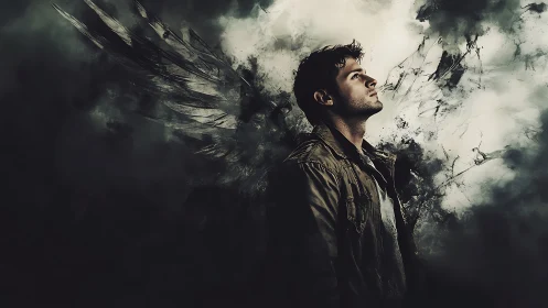 Man stands in profile against abstract dark winged smoke