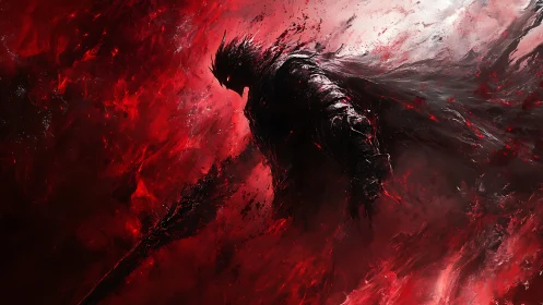 Dark armored figure stands in abstract red and black field