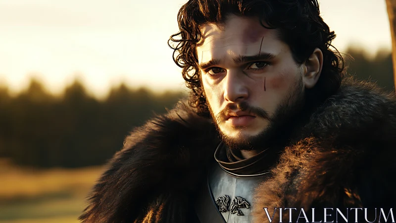 Armored figure in furs with facial scars at sunset outdoors.