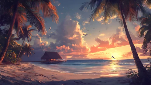 Tropical beach sunset with overwater structure and palm framing elements.