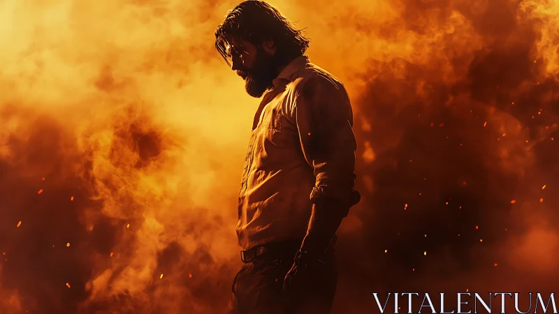 Brooding man stands in fiery orange smoke and sparks.