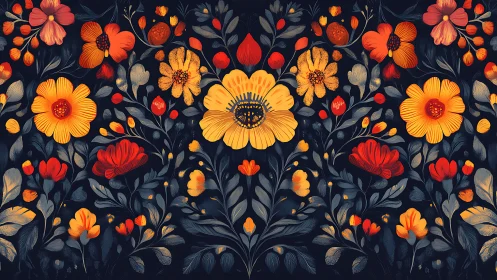 Botanical floral pattern with warm tones against deep navy background.