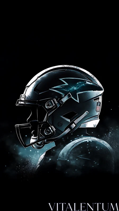 Electric teal football helmet profile in cinematic glow.