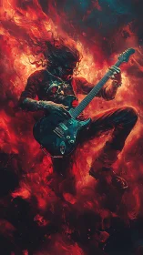 Flaming rock guitarist shreds through swirling inferno of sound.