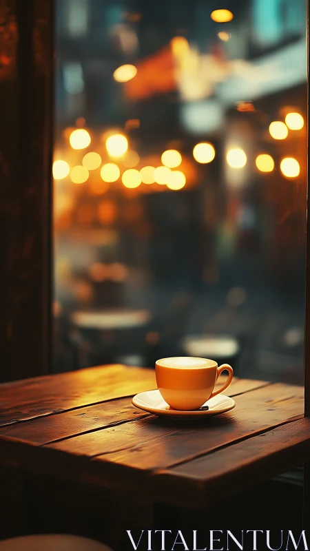 Single cappuccino on wooden café table under shallow depth of field