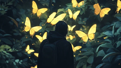 Person in dark forest surrounded by glowing yellow butterflies