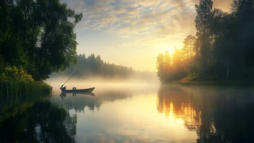 Soft sunrise mist hushes a lone fishing boat on glassy lake