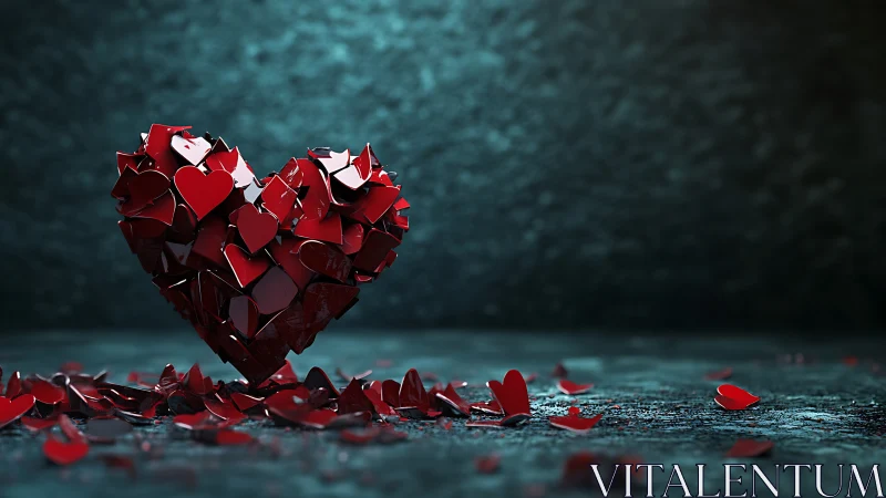 Red geometric heart sculpture fragments on teal surface