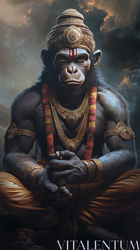 Mythic simian deity in ornate golden regalia at dusk.