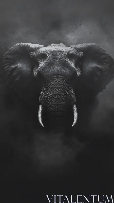 Elephant head rendered in monochrome against dark background.
