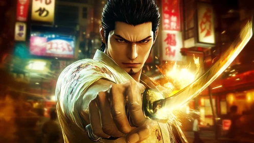 Sword-wielding character in neon-lit urban street at night.