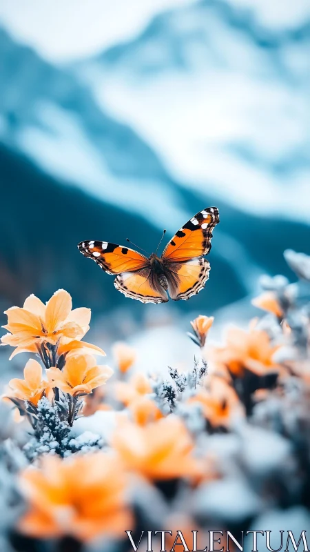 Mountain-kissed butterfly drifting over frosted sunrise blooms.