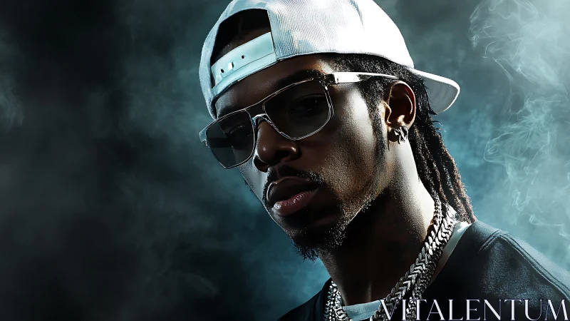 Low key hip hop portrait with rim lighting and metallic jewelry