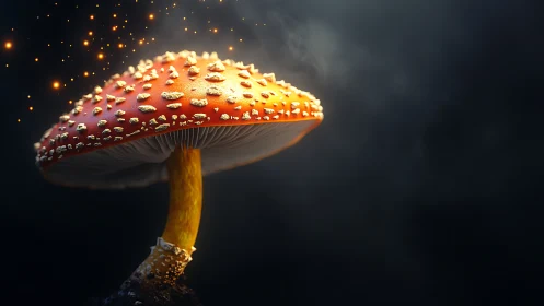 Red spotted mushroom glows against dark smoky background.