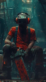 Cyberpunk chainsaw enforcer in grim industrial cockpit.