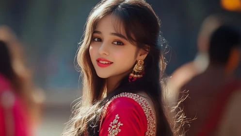 Sunlit festival smile in graceful red traditional dress.